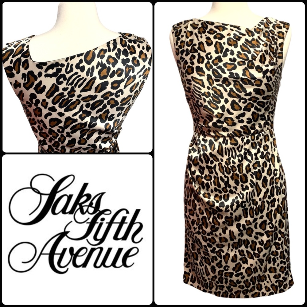Saks 5th Ave Black Label Leopard Satin Sheath Dress